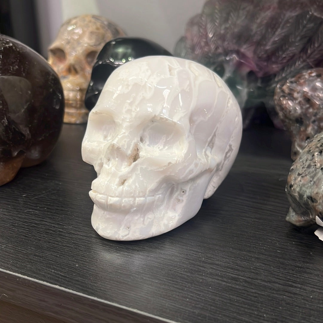 White Agate Druzy Skull