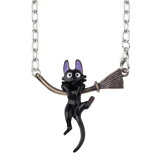 black cat broom necklace
