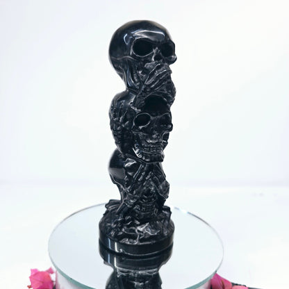 6"H Black Obsidian Triple Skulls | See Hear & Speak No Evil | Natural Crystal Carved and Polished Stone