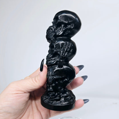 6"H Black Obsidian Triple Skulls | See Hear & Speak No Evil | Natural Crystal Carved and Polished Stone