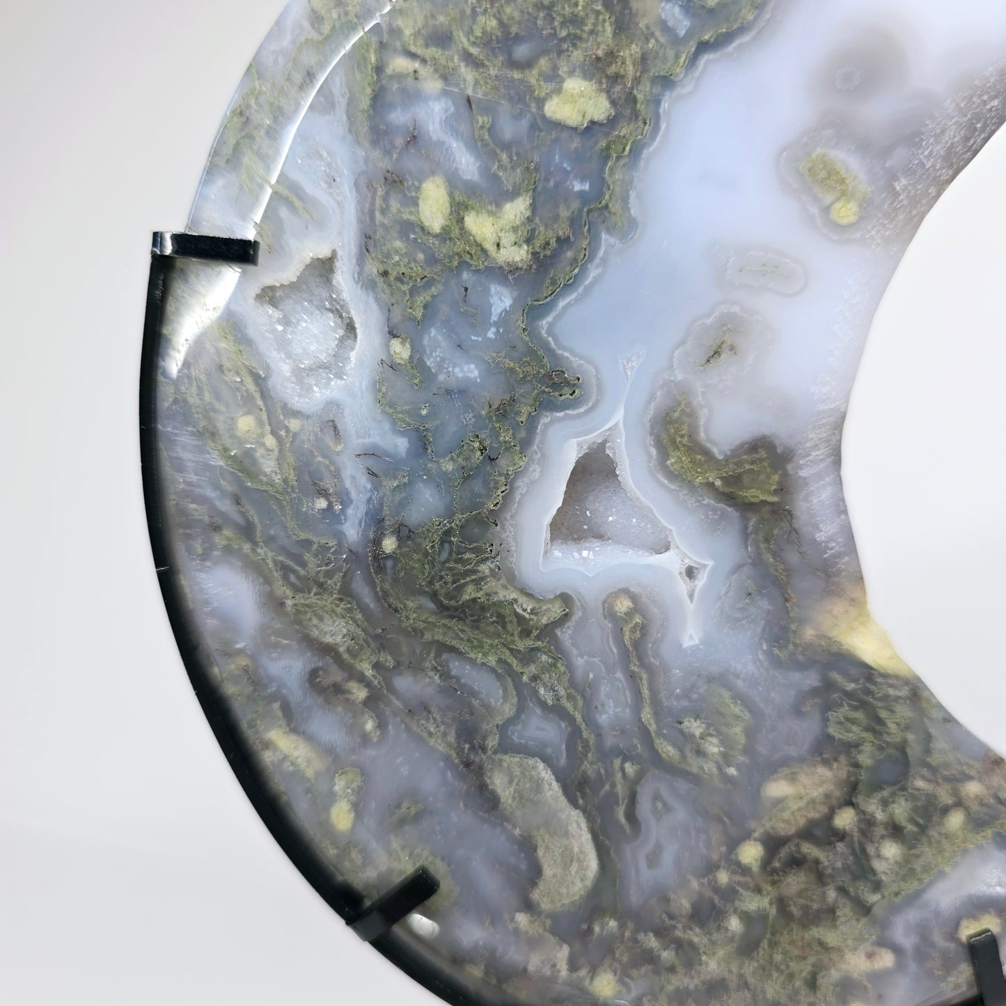 Moss Agate Crescent Crystal Moon with Stand | Natural Stone Carved & Polished