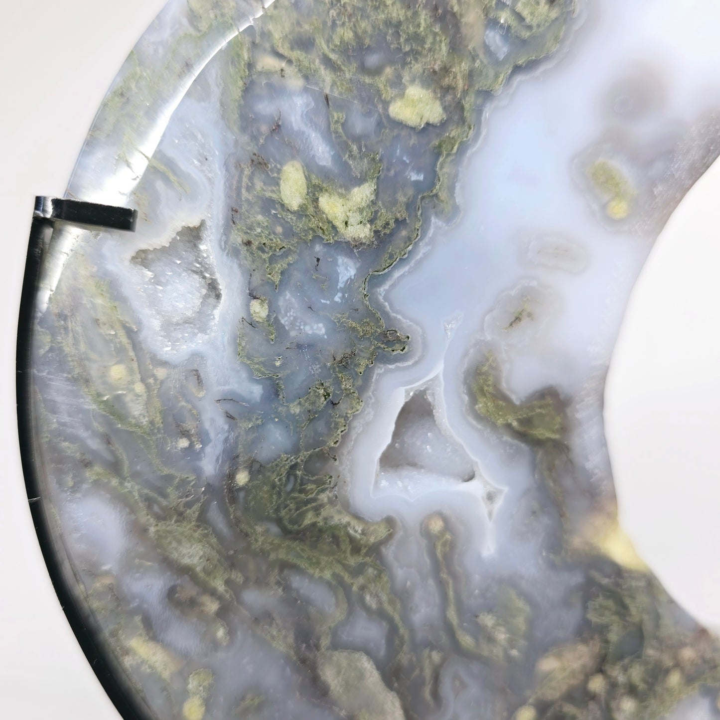 Moss Agate Crescent Crystal Moon with Stand | Natural Stone Carved & Polished