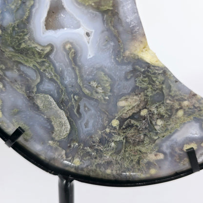 Moss Agate Crescent Crystal Moon with Stand | Natural Stone Carved & Polished