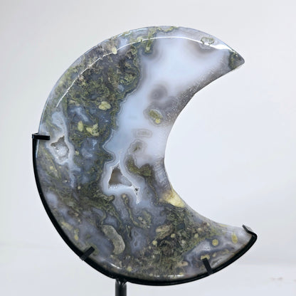 Moss Agate Crescent Crystal Moon with Stand | Natural Stone Carved & Polished