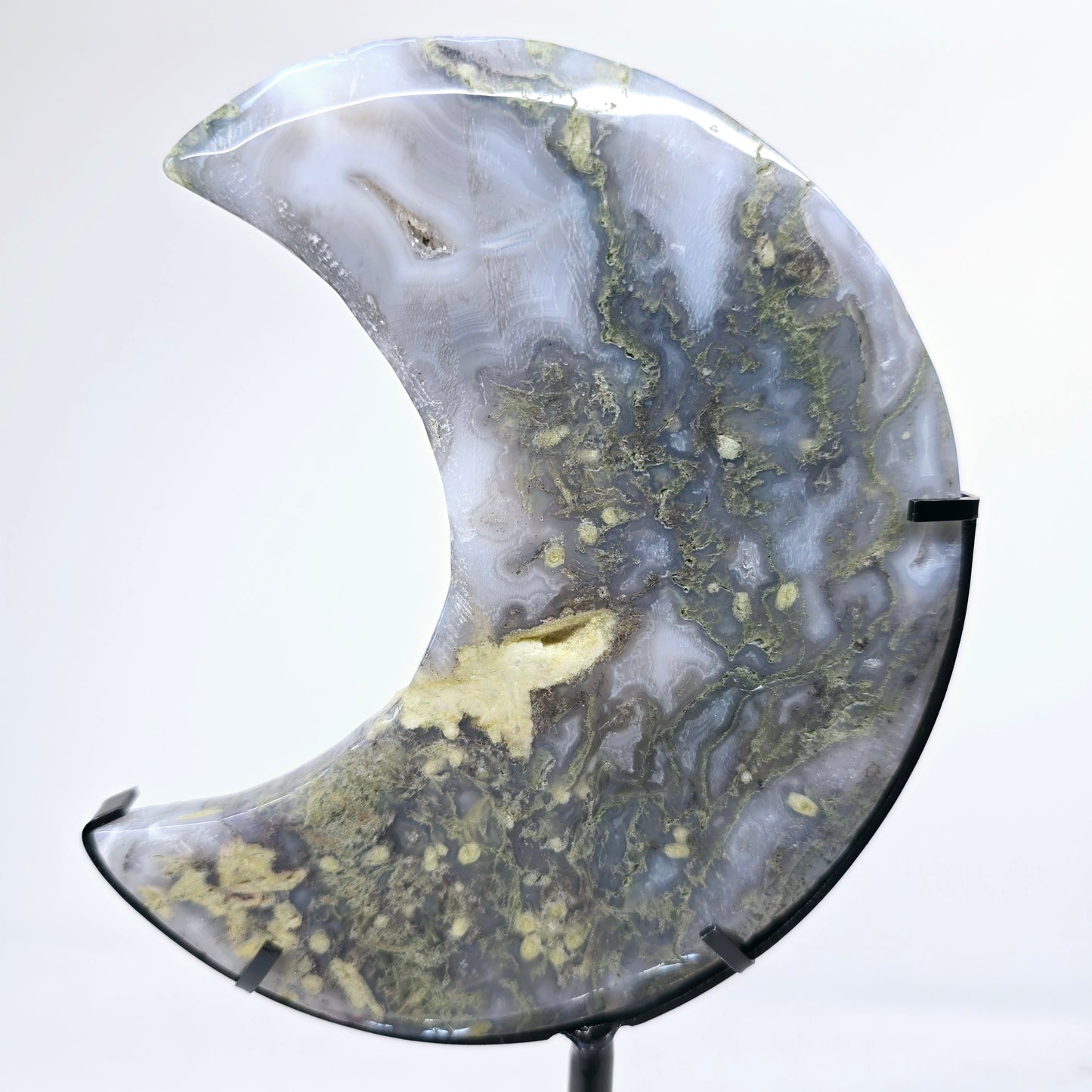 Moss Agate Crescent Crystal Moon with Stand | Natural Stone Carved & Polished