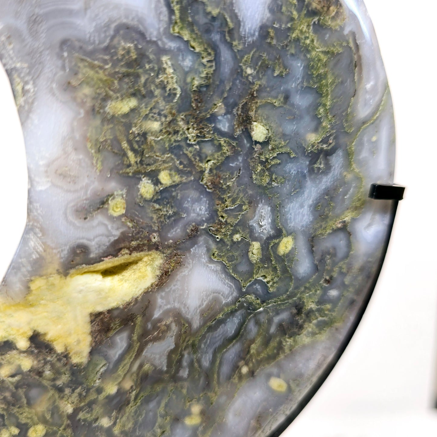 Moss Agate Crescent Crystal Moon with Stand | Natural Stone Carved & Polished