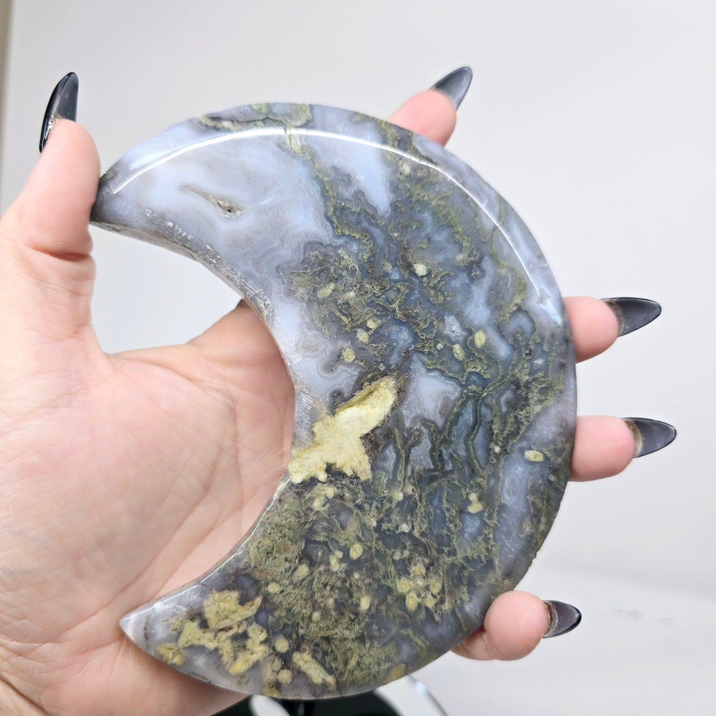 Moss Agate Crescent Crystal Moon with Stand | Natural Stone Carved & Polished