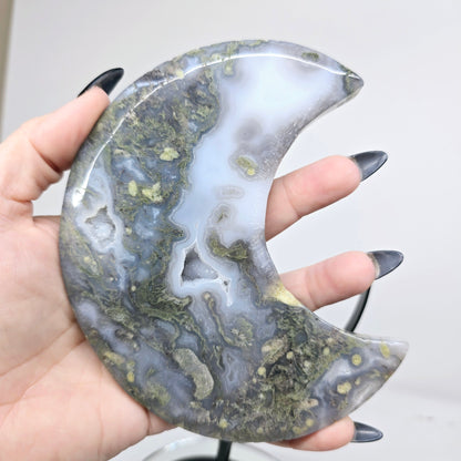 Moss Agate Crescent Crystal Moon with Stand | Natural Stone Carved & Polished