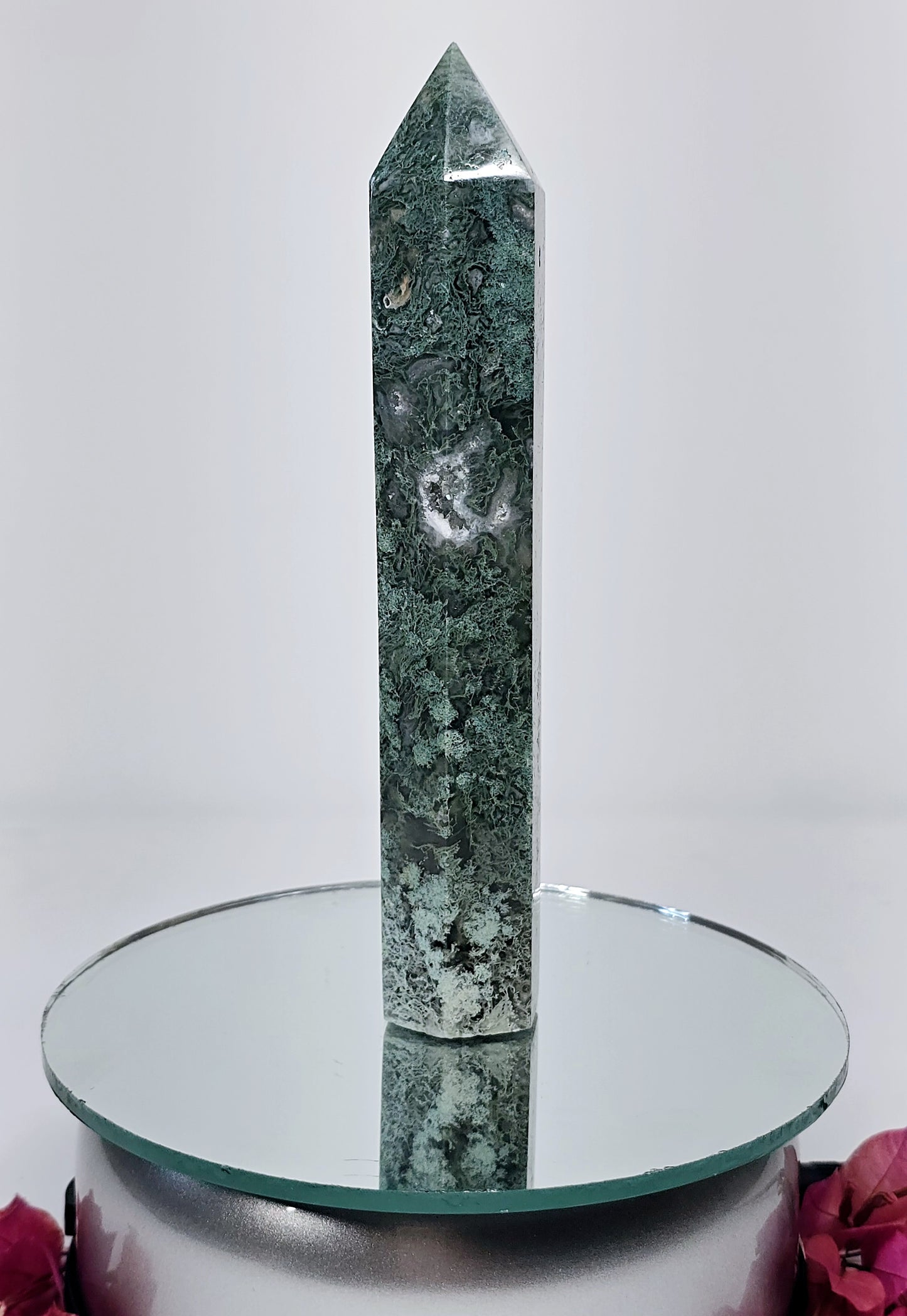 One-of-a-Kind Moss Agate Druzy Tower Point Generator | Natural Crystal Carved Stone