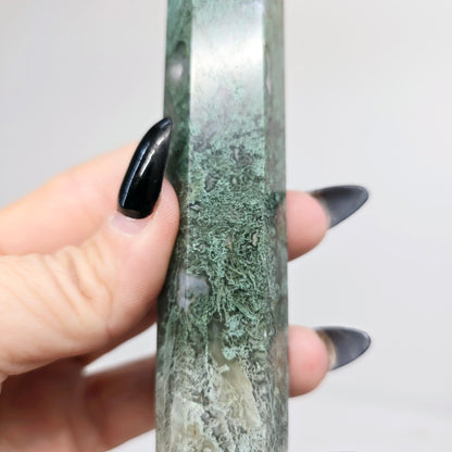 One-of-a-Kind Moss Agate Druzy Tower Point Generator | Natural Crystal Carved Stone