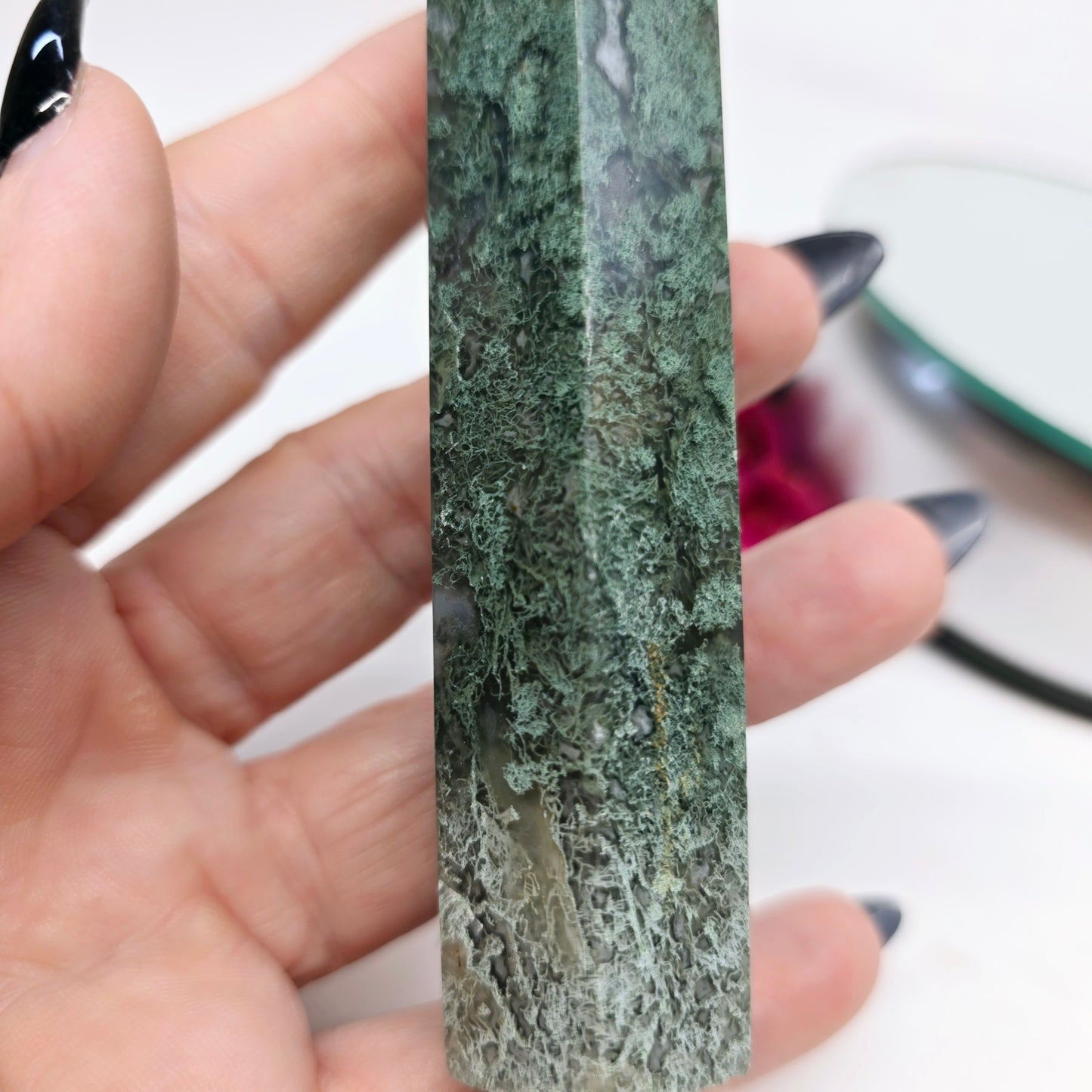 One-of-a-Kind Moss Agate Druzy Tower Point Generator | Natural Crystal Carved Stone