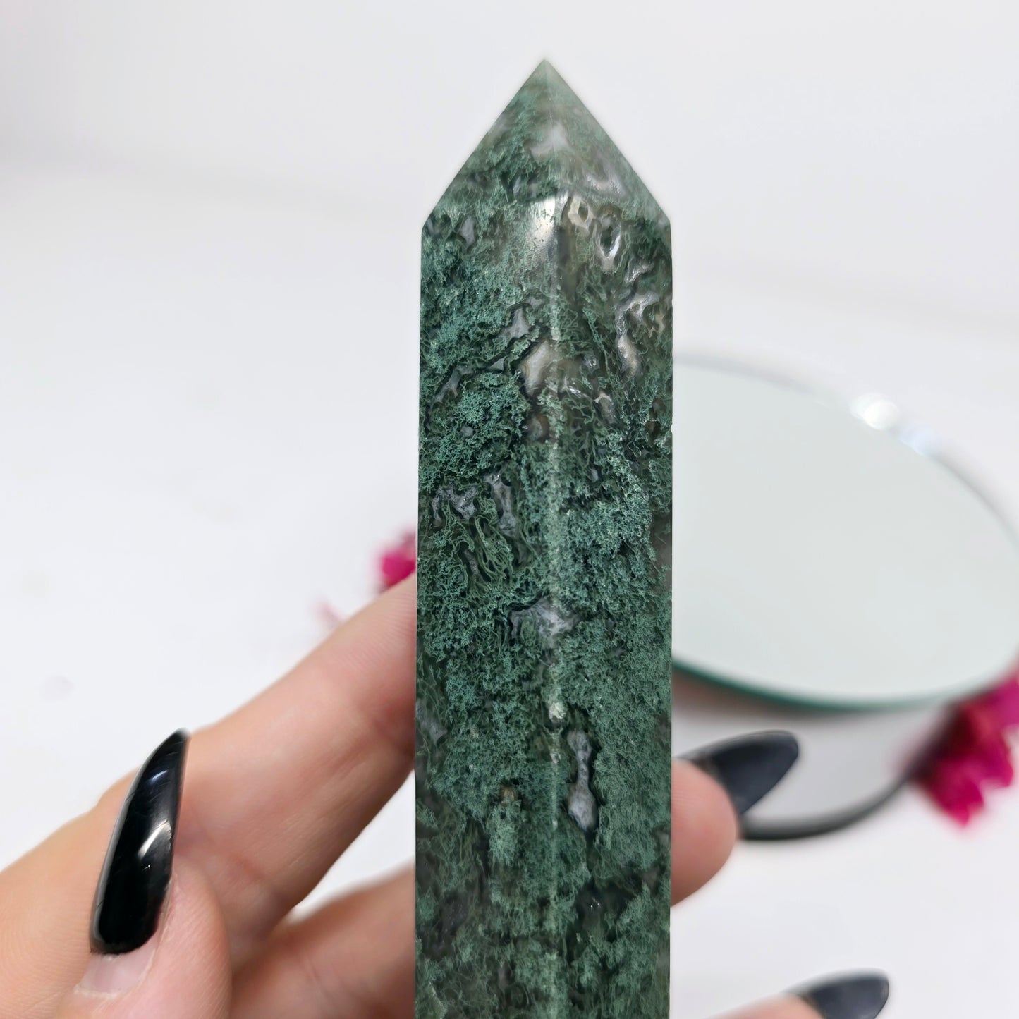 One-of-a-Kind Moss Agate Druzy Tower Point Generator | Natural Crystal Carved Stone