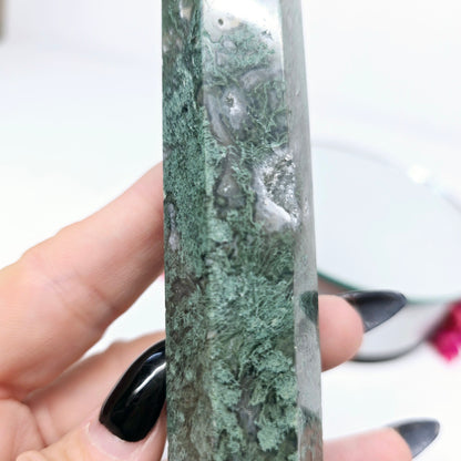 One-of-a-Kind Moss Agate Druzy Tower Point Generator | Natural Crystal Carved Stone