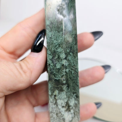 One-of-a-Kind Moss Agate Druzy Tower Point Generator | Natural Crystal Carved Stone