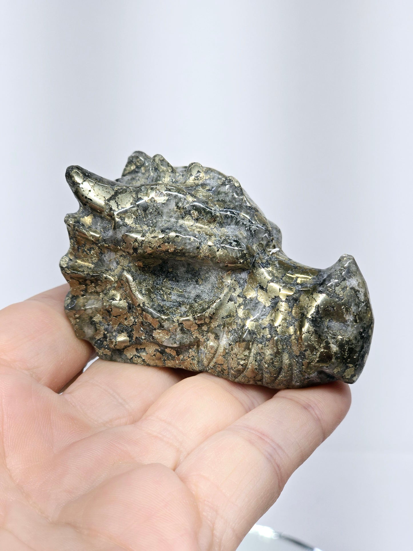 Pyrite Dragon Skull Head | Natural Crystal Carved & Polished Stone