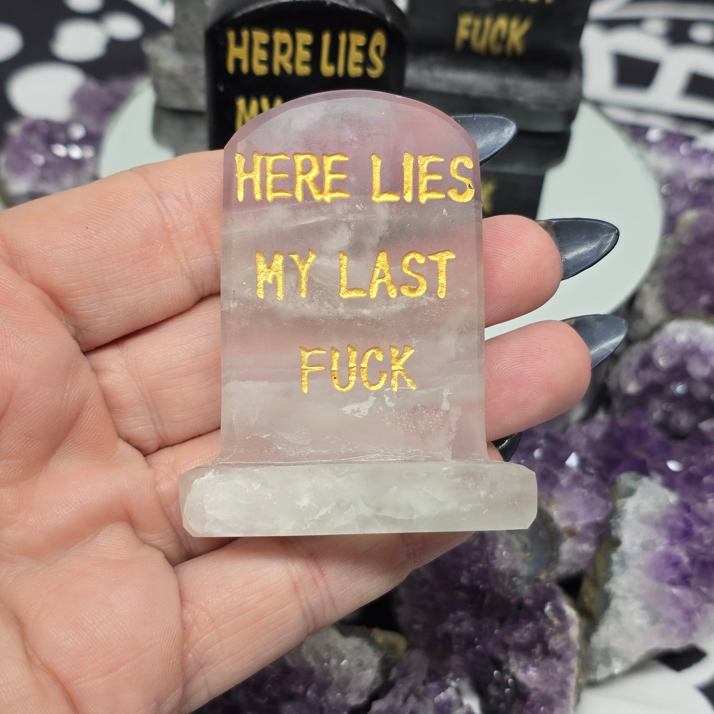 "Here Lies My Last Fuck" Tombstone | Natural Crystal Carved & Polished Stone