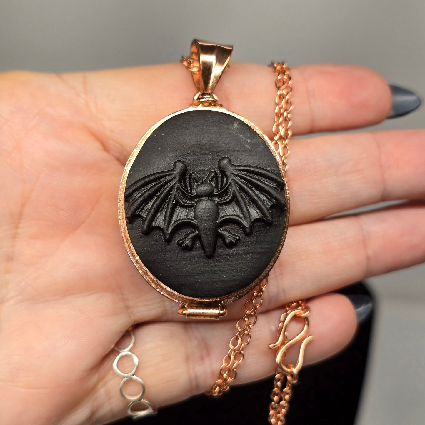 Obsidian Bat Copper Locket Box Necklace | 22" S-Hook Chain