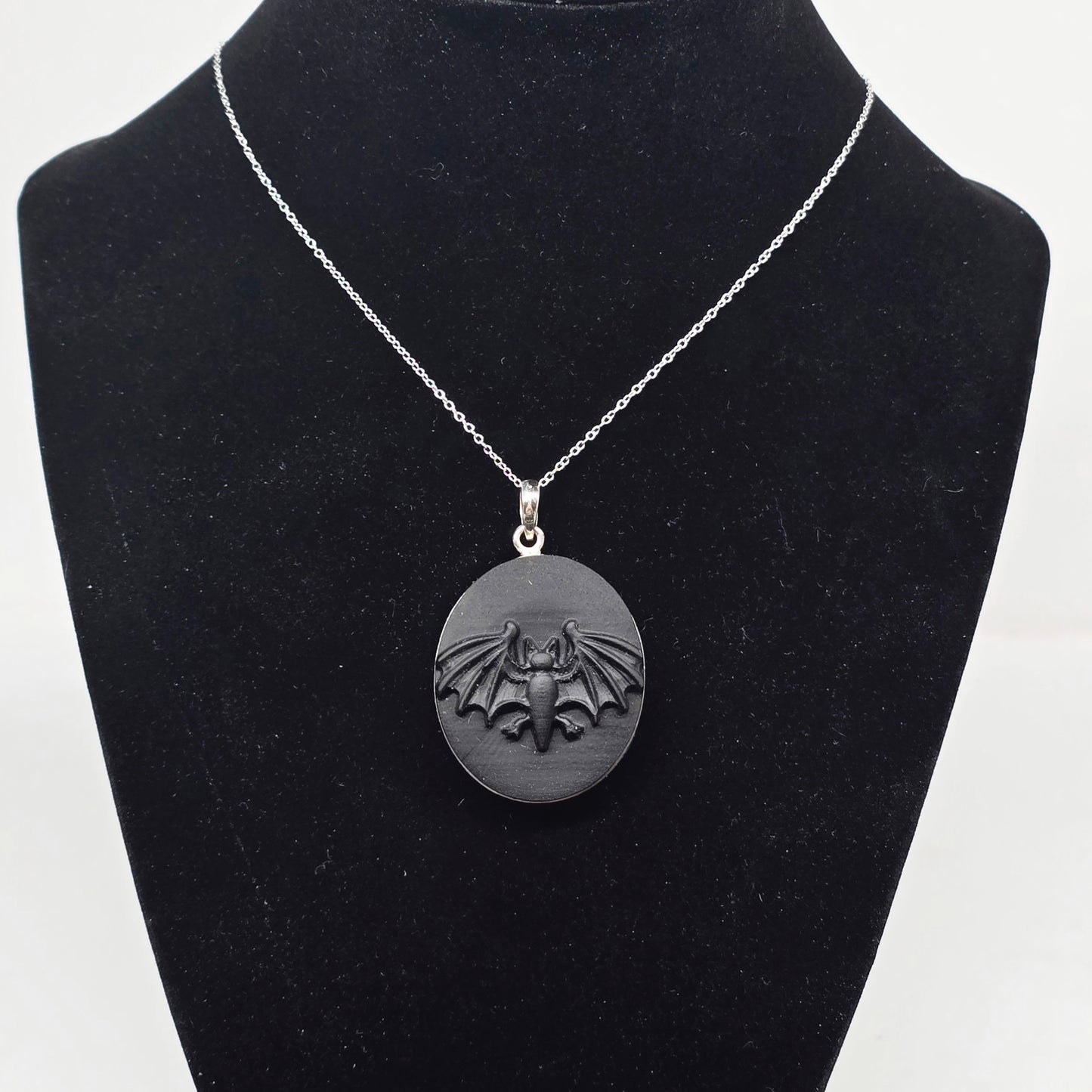 Black Obsidian Etched Bat s925 Necklace | 18" Sterling Silver Chain