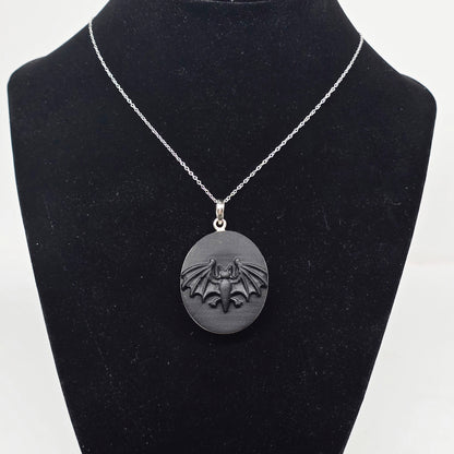 Black Obsidian Etched Bat s925 Necklace | 18" Sterling Silver Chain