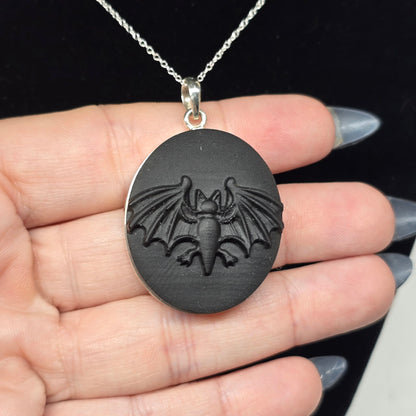 Black Obsidian Etched Bat s925 Necklace | 18" Sterling Silver Chain