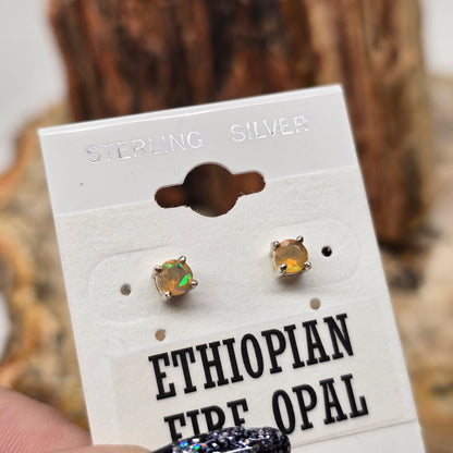 Ethiopian Fire Opal Crystal Cut Sterling Silver Stud Earrings