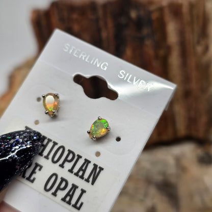 Ethiopian Fire Opal Crystal Cut Sterling Silver Stud Earrings