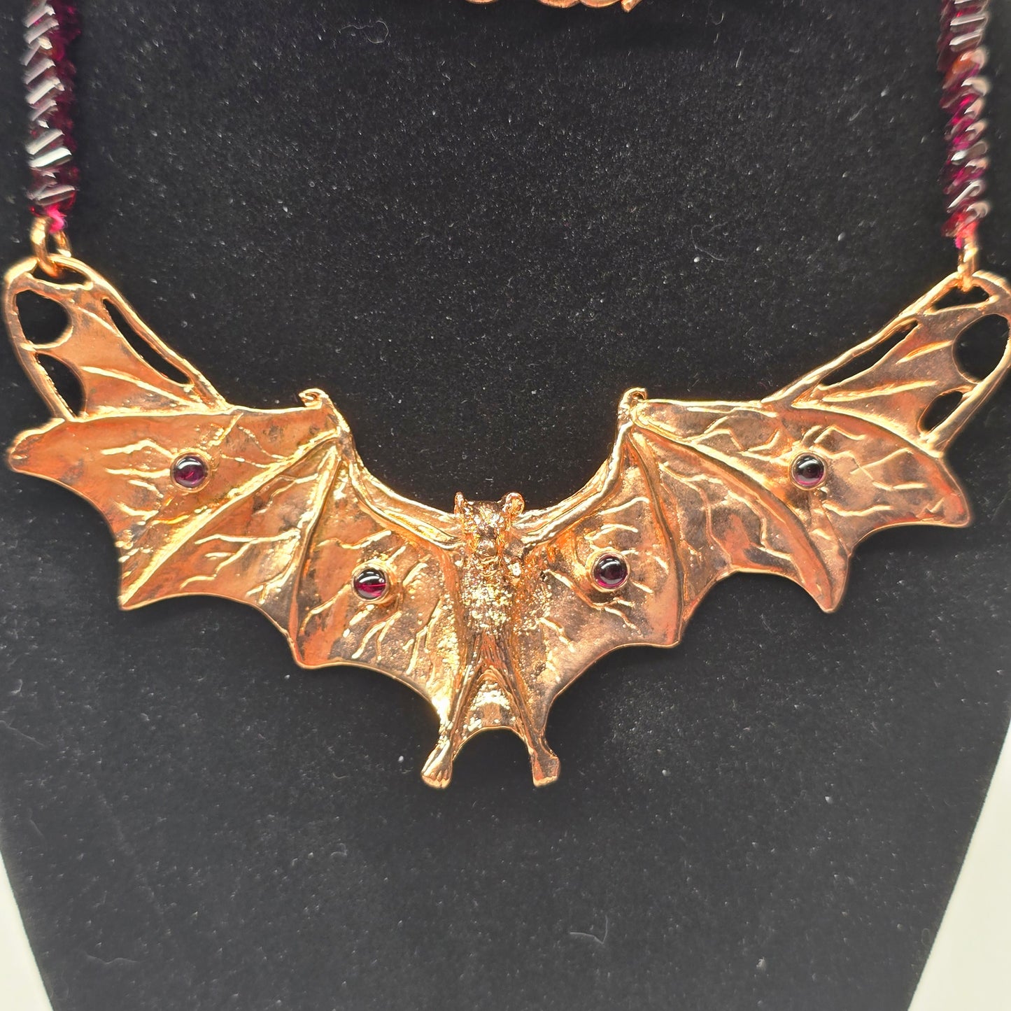 Copper Bat & Garnet Pendant on Garnet Chip Necklace | 18" S-Hook