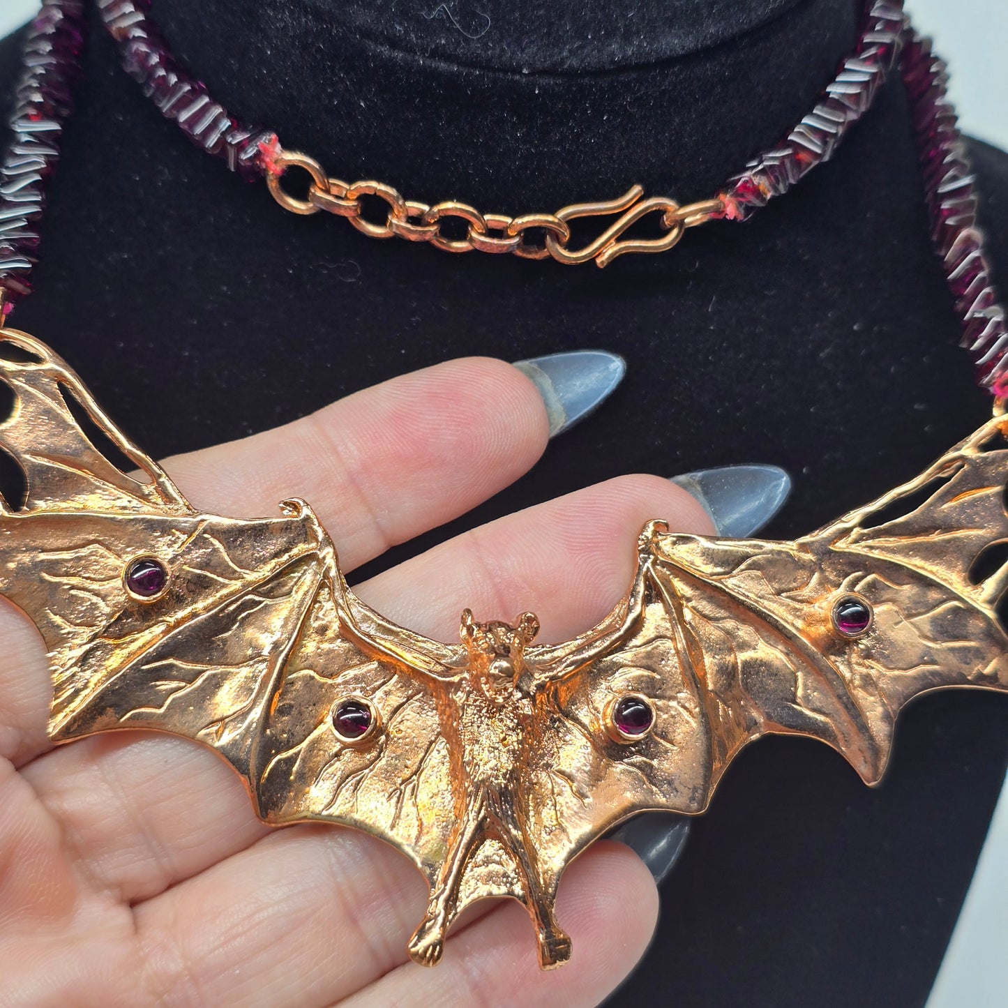 Copper Bat & Garnet Pendant on Garnet Chip Necklace | 18" S-Hook