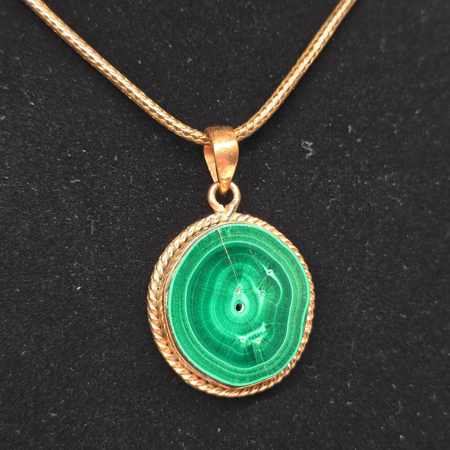 Malachite Crystal Copper Rope Round Necklace | Adjustable 18"-20" Brown Braided Wax Rope | Crab Claw