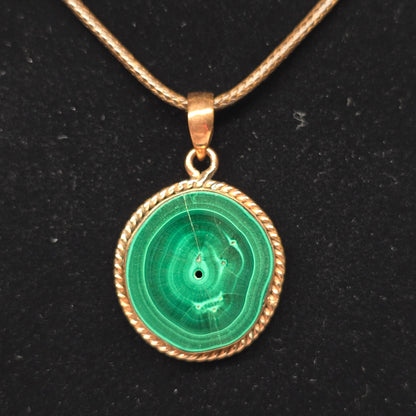 Malachite Crystal Copper Rope Round Necklace | Adjustable 18"-20" Brown Braided Wax Rope | Crab Claw