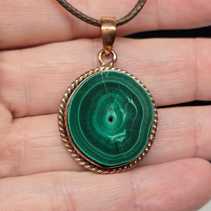 Malachite Crystal Copper Rope Round Necklace | Adjustable 18"-20" Brown Braided Wax Rope | Crab Claw