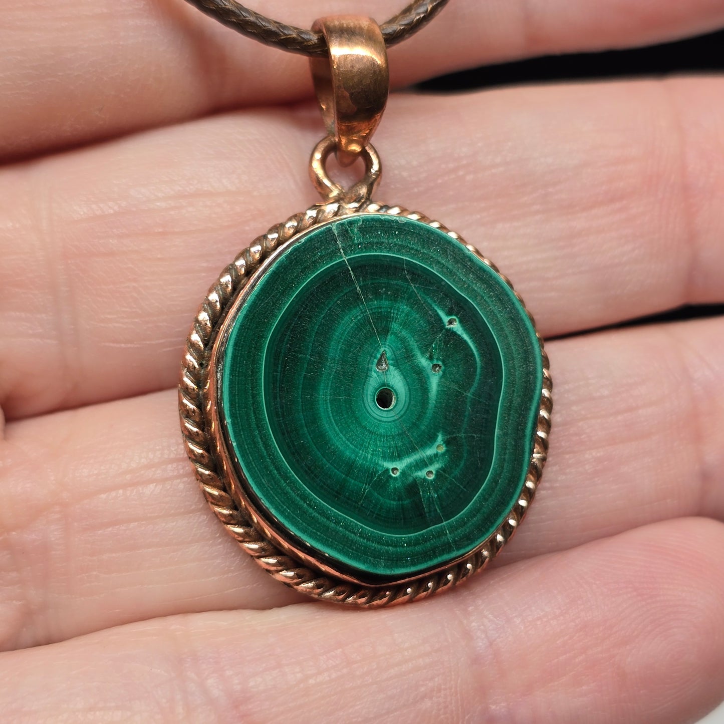 Malachite Crystal Copper Rope Round Necklace | Adjustable 18"-20" Brown Braided Wax Rope | Crab Claw