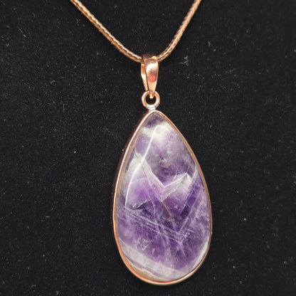 Amethyst Teardrop Crystal Copper Necklace | Adjustable 18"-20" Brown Braided Wax Rope | Crab Claw