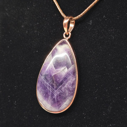 Amethyst Teardrop Crystal Copper Necklace | Adjustable 18"-20" Brown Braided Wax Rope | Crab Claw