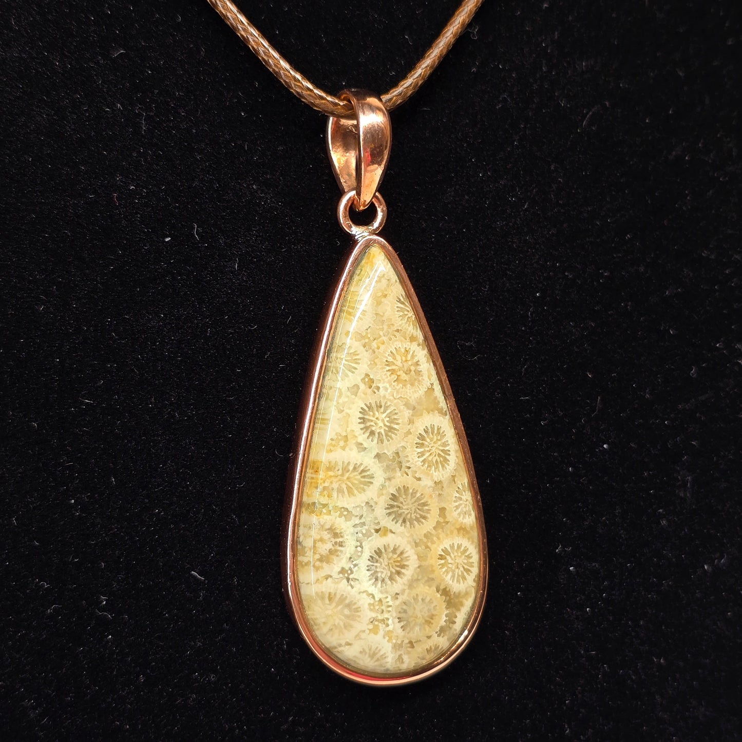 Coral Teardrop Crystal Copper Necklace | Adjustable 18"-20" Brown Braided Wax Rope | Crab Claw