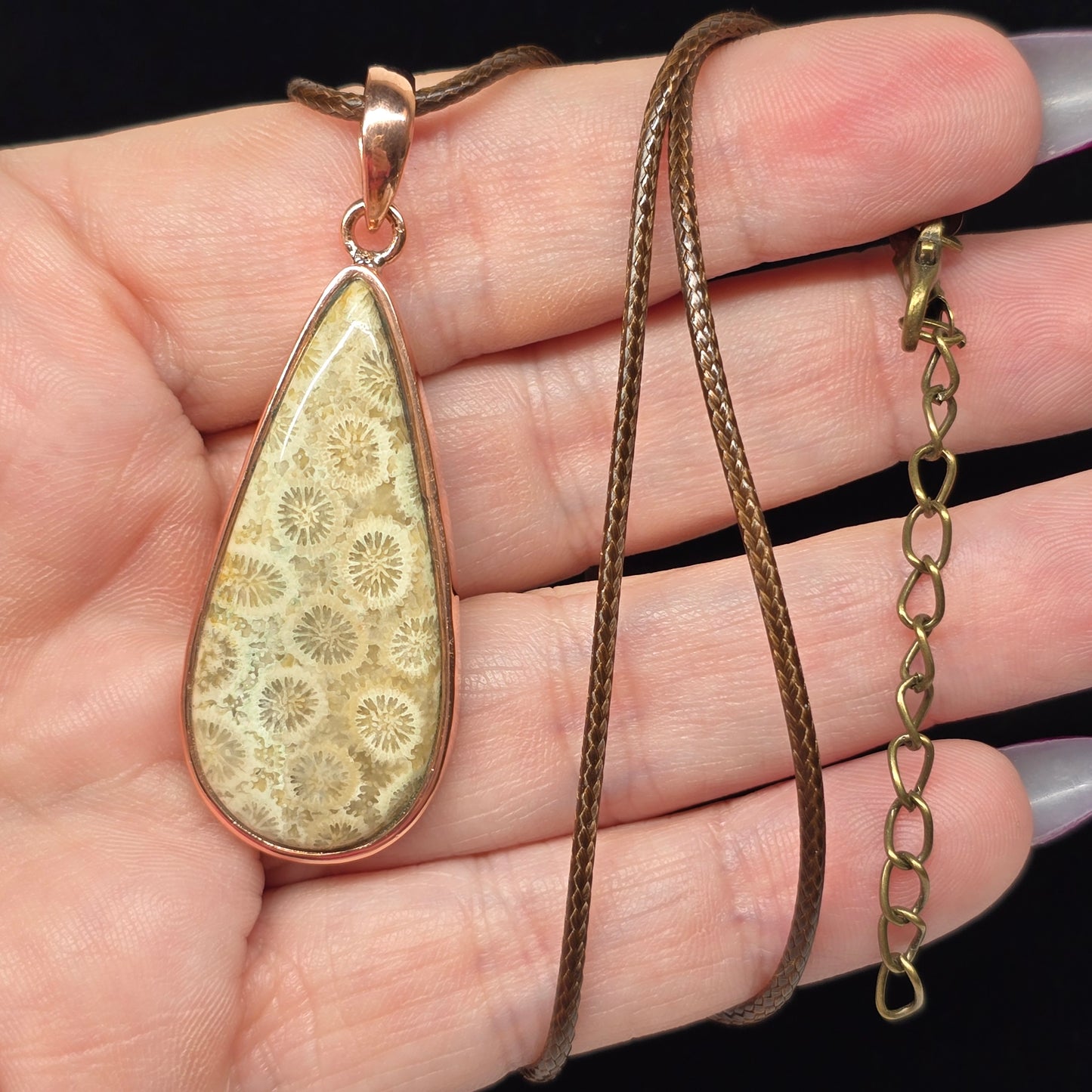 Coral Teardrop Crystal Copper Necklace | Adjustable 18"-20" Brown Braided Wax Rope | Crab Claw