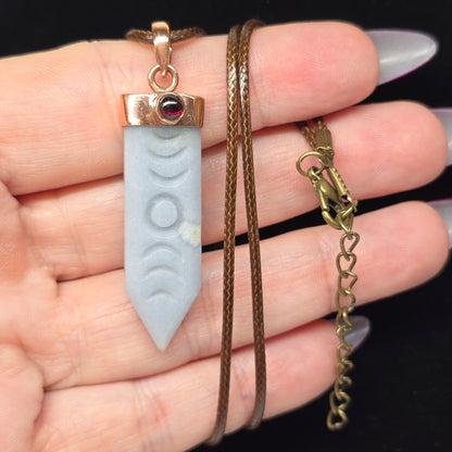 Angelite & Garnet Triple Moon Crystal Copper Necklace | Adjustable 18"-20" Brown Braided Wax Rope | Crab Claw