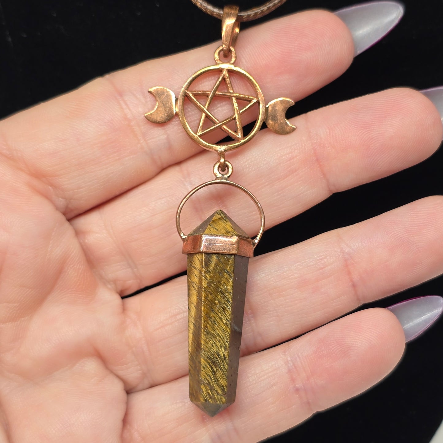 Tigers Eye Crystal Triple Moon Copper Pentacle Necklace | Adjustable 18"-20" Brown Braided Wax Rope | Crab Claw