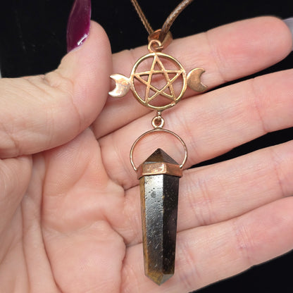 Tigers Eye Crystal Triple Moon Copper Pentacle Necklace | Adjustable 18"-20" Brown Braided Wax Rope | Crab Claw