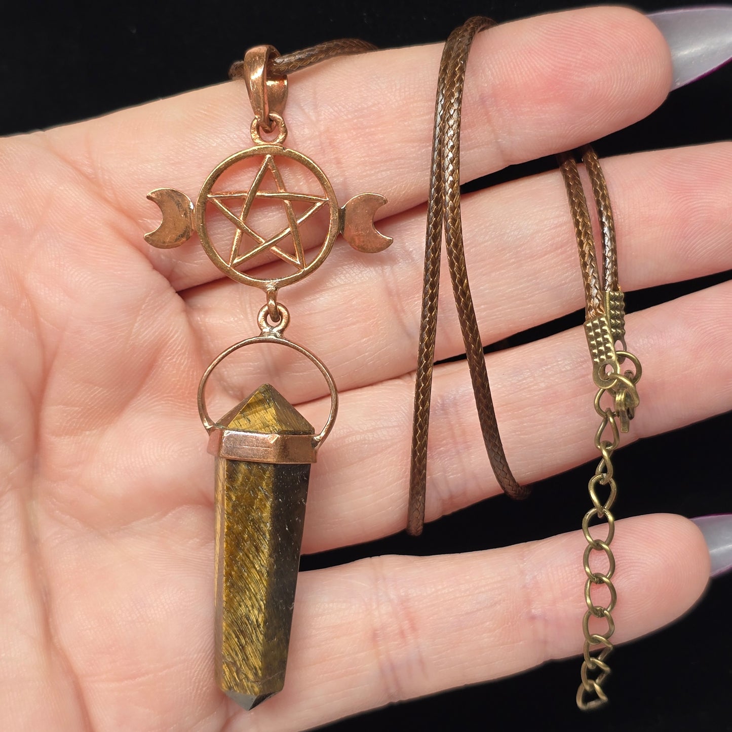 Tigers Eye Crystal Triple Moon Copper Pentacle Necklace | Adjustable 18"-20" Brown Braided Wax Rope | Crab Claw