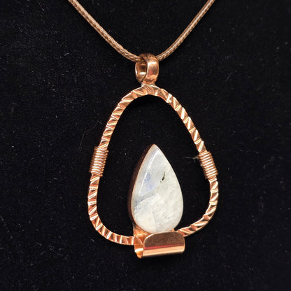 Rainbow Moonstone Copper Necklace | Adjustable 18"-20" Brown Braided Wax Rope | Crab Claw