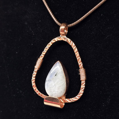 Rainbow Moonstone Copper Necklace | Adjustable 18"-20" Brown Braided Wax Rope | Crab Claw