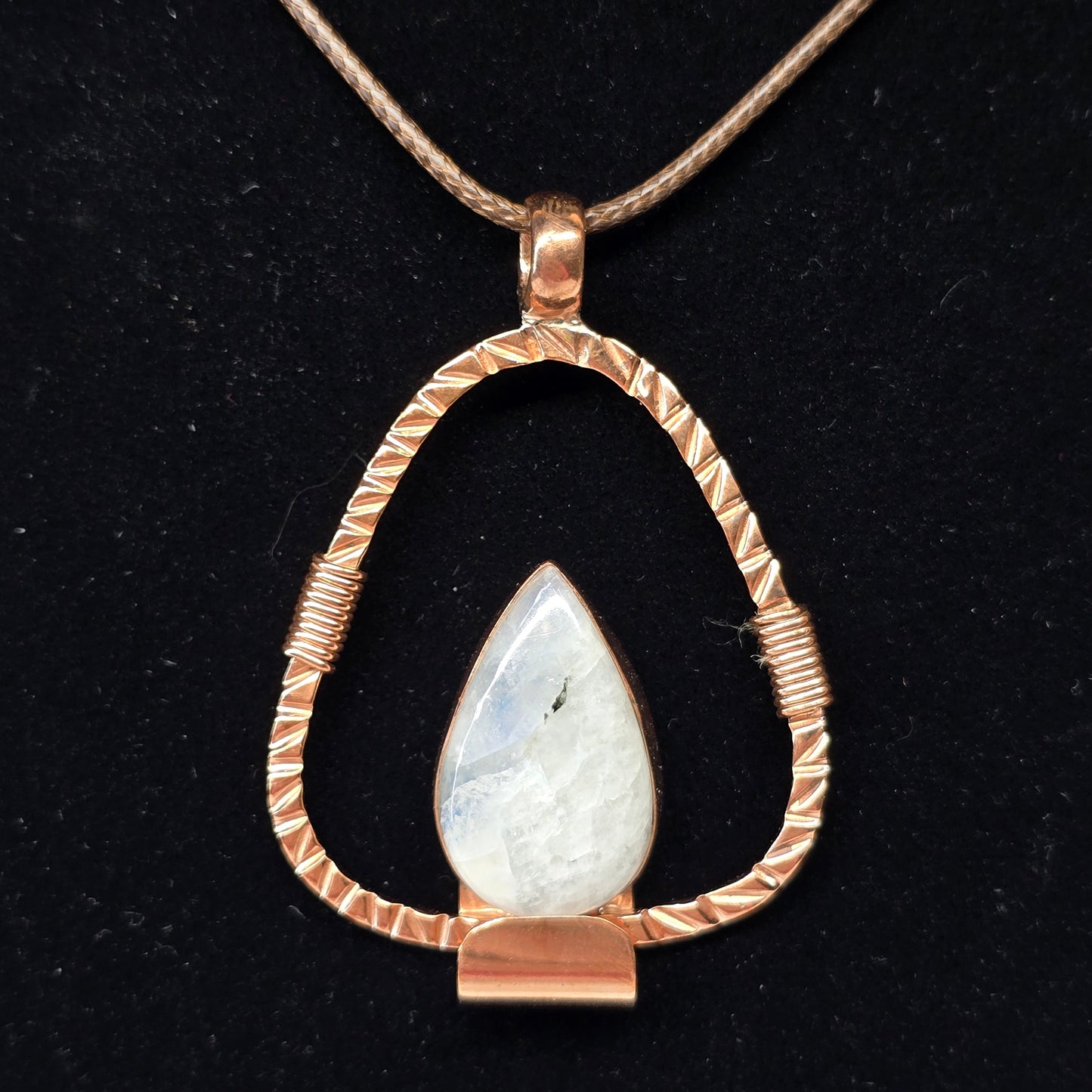 Rainbow Moonstone Copper Necklace | Adjustable 18"-20" Brown Braided Wax Rope | Crab Claw