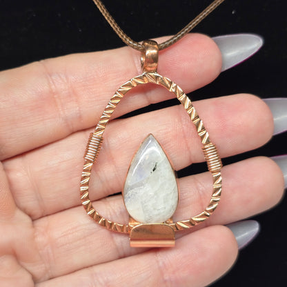 Rainbow Moonstone Copper Necklace | Adjustable 18"-20" Brown Braided Wax Rope | Crab Claw