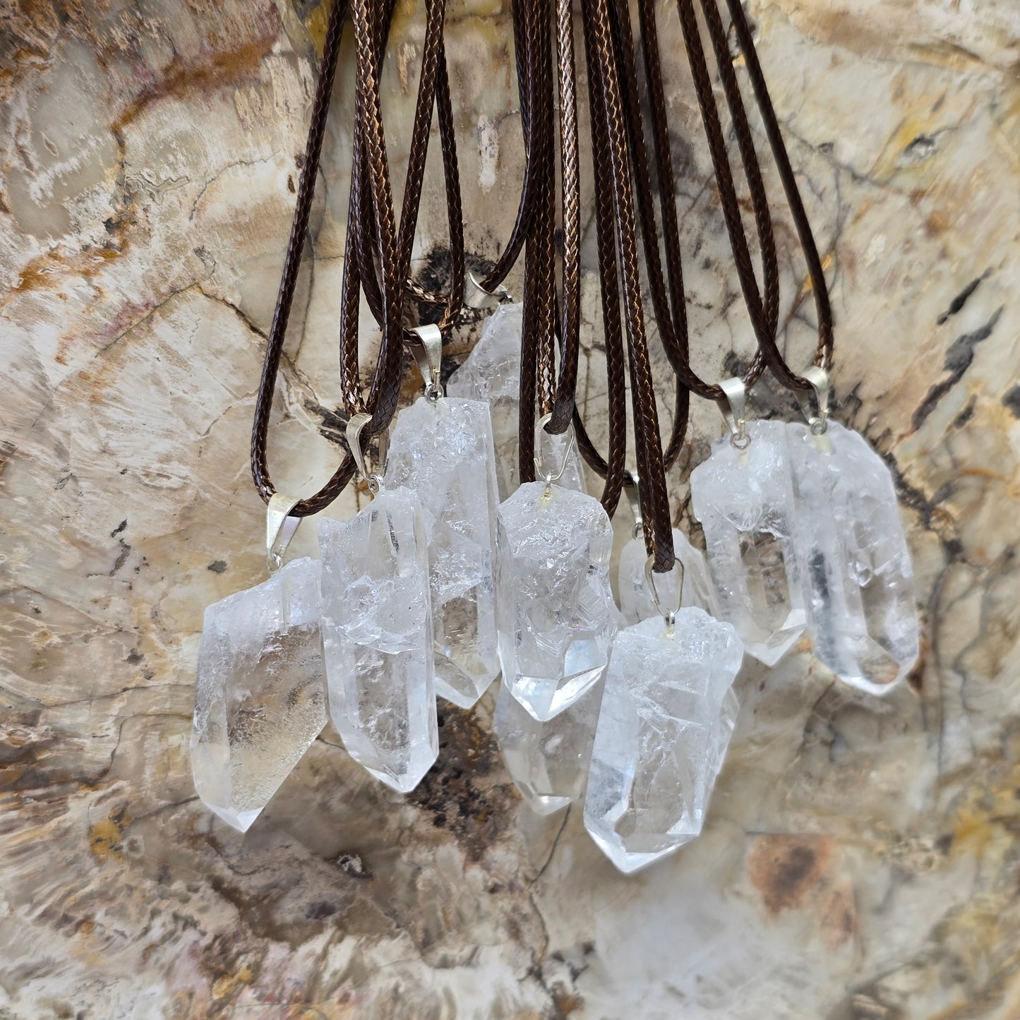 Raw Clear Quartz Rough Crystal Necklace | Adjustable 18"-20" Brown Braided Wax Rope | Crab Claw