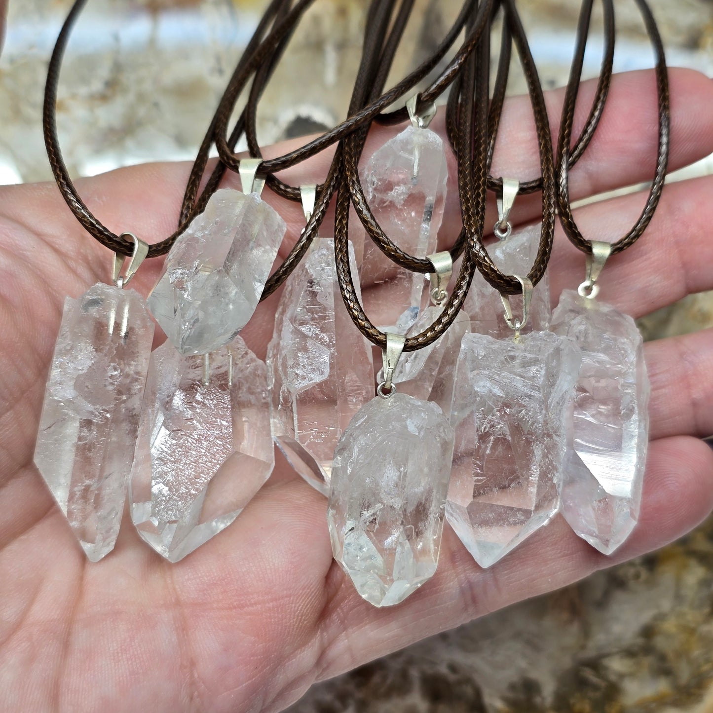 Raw Clear Quartz Rough Crystal Necklace | Adjustable 18"-20" Brown Braided Wax Rope | Crab Claw