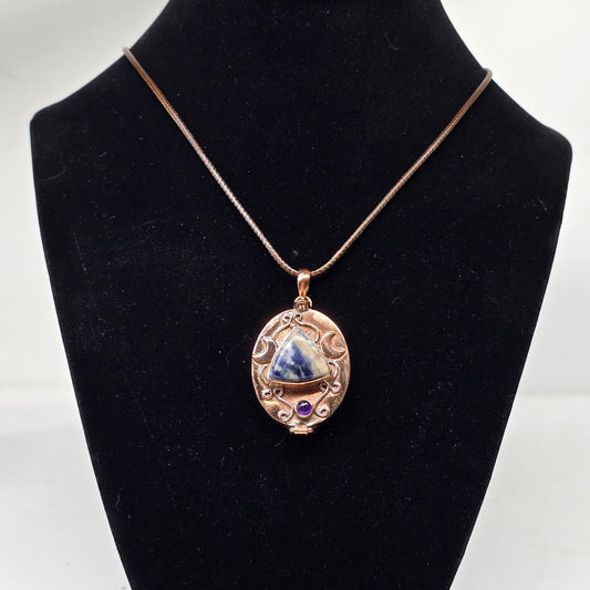 Sodalite & Garnet Copper Locket Box Necklace | Adjustable 18"-20" Brown Braided Wax Rope | Crab Claw