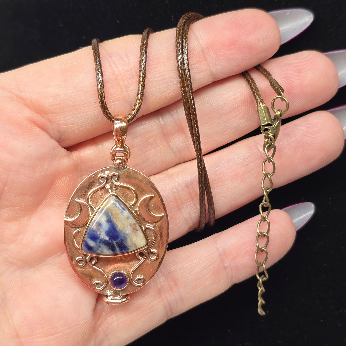 Sodalite & Garnet Copper Locket Box Necklace | Adjustable 18"-20" Brown Braided Wax Rope | Crab Claw