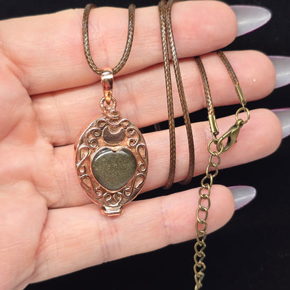 Silver Sheen Heart Obsidian Copper Locket Box Necklace | Adjustable 18"-20" Brown Braided Wax Rope | Crab Claw