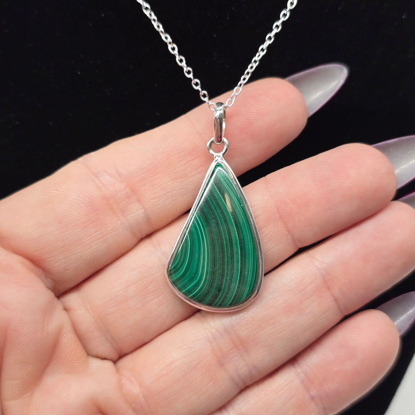 Malachite Triangle Crystal Sterling Silver Necklace | 22" s925 Chain | Crab Claw Clasp